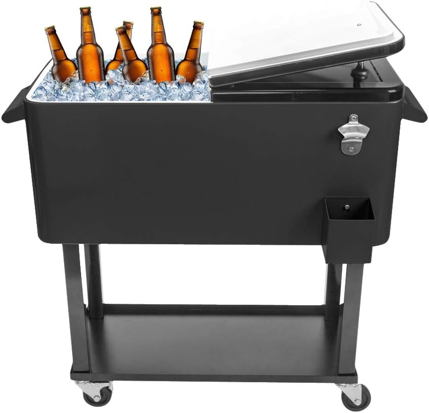 80 Quart Rolling Ice Chest Cooler Cart with Shelf and Bottle Opener J482570