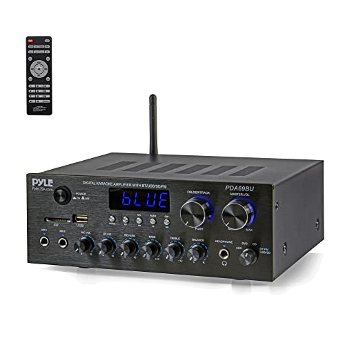 Pyle Stereo Power Amplifier 200 W Peak w/ Bluetooth Wireless, LED Display, Dual Channel Audio Stereo Receiver w/ RCA, USB, SD, MIC in, FM Radio, Perfect For Home Computer via RCA, PDA29BU.5