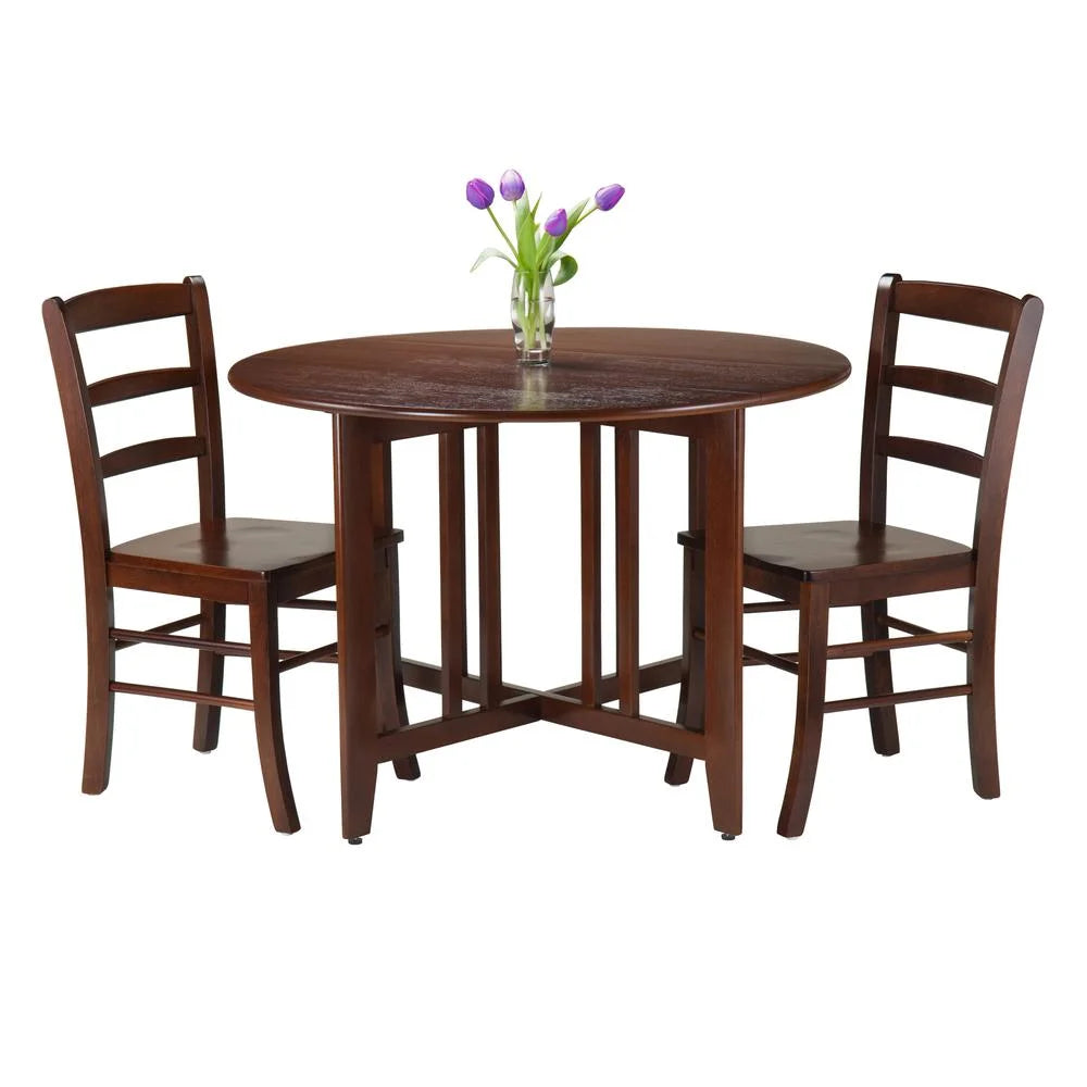 Round Drop Leaf Dining Table with 2 Ladder Back Chairs, Walnut Finish H2735