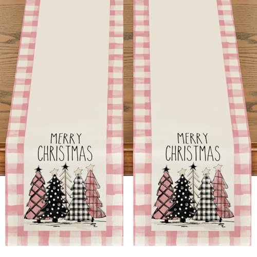 Buffalo Plaid Christmas Trees Table Runner, Winter Holiday Kitchen Dining Decor, 13 x 108 Inch A940