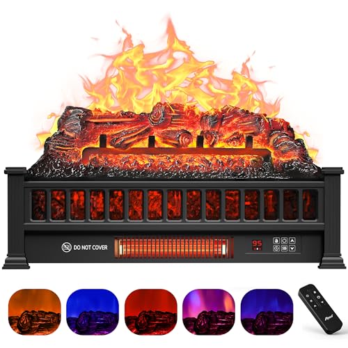 Electric Fireplace Logs 20-Inch, Remote Controller Fireplace Insert Log Heater, Adjustable Flame Colors, Realistic Fake firewood Flame, Overheat Protection, Timer, Thermostat, 1500W Black