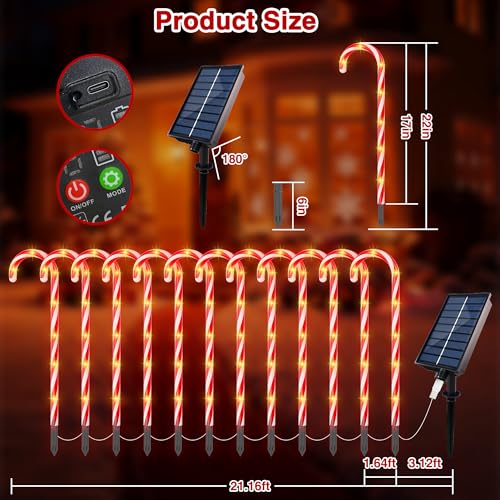 24 Pack Solar Christmas Candy Cane Lights Outdoor Pathway Decorations with 168 Warm Lights K364