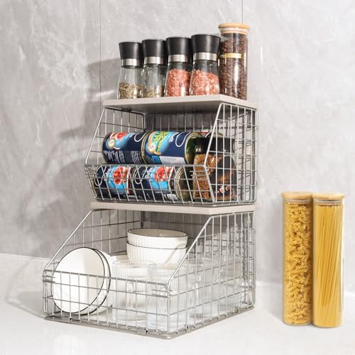 Stackable Wall Mounted Fruit Basket with Wood Lid, 2-Tier Vegetable Organizer Y4454