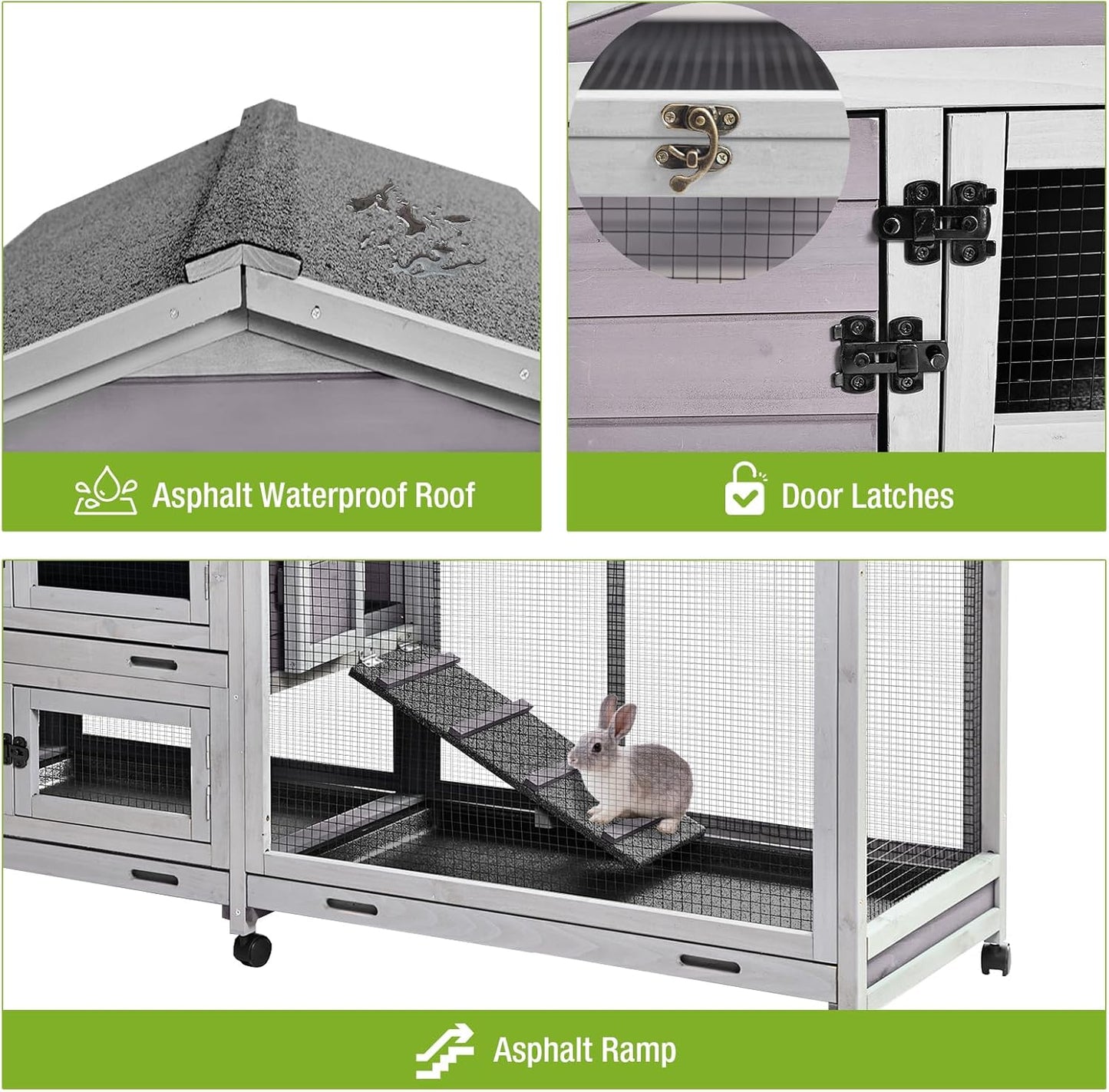 Large Rabbit Hutch Indoor Outdoor with Wheels and Pull Out Trays W3742