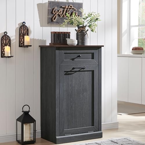 Double Tilt Out Trash Cabinet, Dog Proof Trash Can Cabinet, Farmhouse Hidden Laundry Hamper Cabinet with Barn Door, 10 Gallon Garbage Can Bin Cabinet with Storage Basket for Kitchen (Dark Grey)