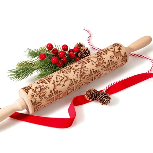 Wooden Rolling Pin for Baking with Christmas Embossed Designs, Includes Cleaning Brush O863