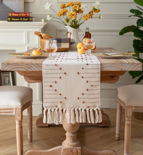 Christmas Table Runner 13 x 90 Inch Natural Cotton Woven with Tassels, Red and Beige U800