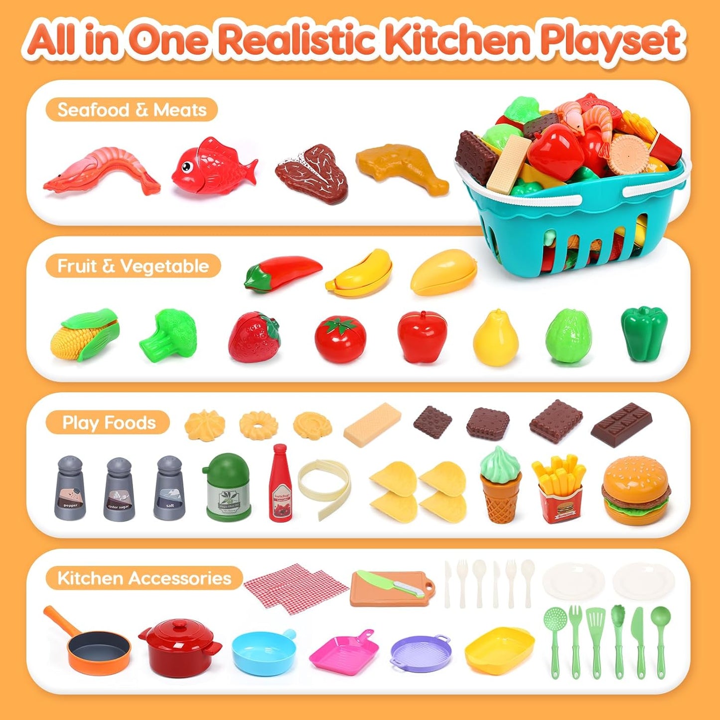 Play Sink with Running Water, Kitchen Sink Toys with Electric Faucet, Kids Pots and Pans Set with Play Food and Storage Basket P99035