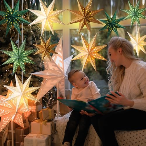 12 Pcs Christmas Paper Star Lantern 9 Point Hanging Ornament with String Light H44991