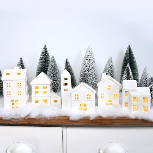 Ceramic Christmas Village Houses with Trees and Fake Snow E85270