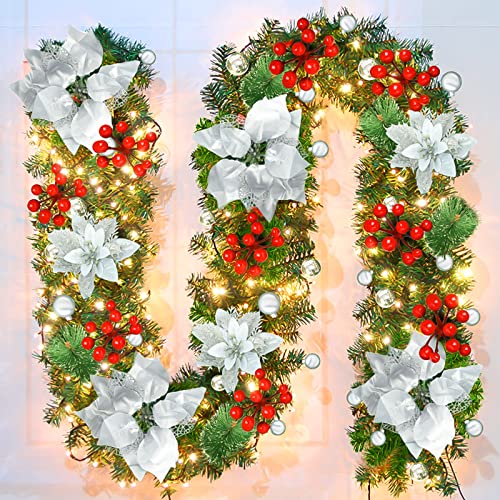 Pre-lit Christmas Garland with LED Lights, Red Flowers and Berries C561701
