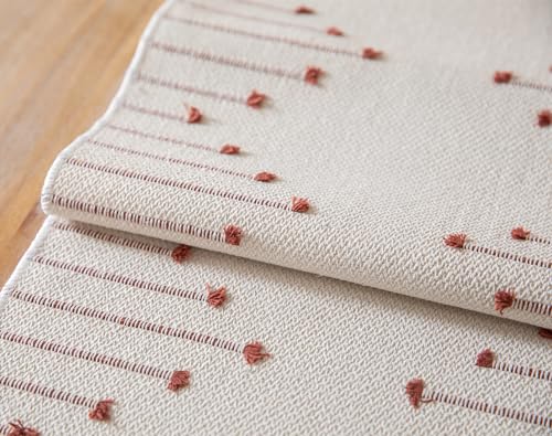 Christmas Table Runner 13 x 90 Inch Natural Cotton Woven with Tassels, Red and Beige U800