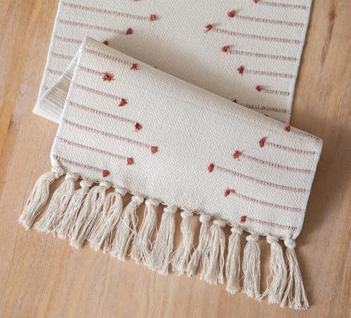 Christmas Table Runner 13 x 90 Inch Natural Cotton Woven with Tassels, Red and Beige U800