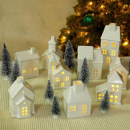 Ceramic Christmas Village Set with Lighted Houses and Trees for Holiday Tabletop Decor C693