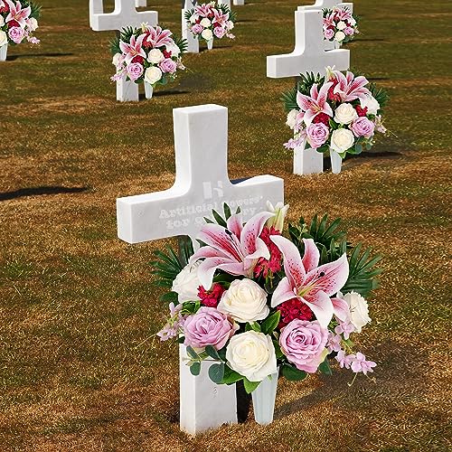 Artificial Cemetery Flowers for Grave Vase, Silk Lily and Rose Arrangement H368