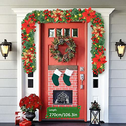 Pre-lit Christmas Garland with LED Lights, Red Flowers and Berries C561701