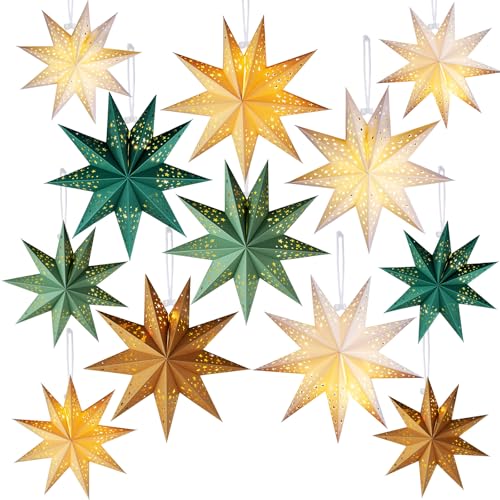 12 Pcs Christmas Paper Star Lantern 9 Point Hanging Ornament with String Light H44991