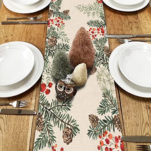 Winter Pine Cone Berry Table Runner, Watercolor Botanical Kitchen Decor, Christmas Farmhouse Dining Decoration 13 X 72 S13131