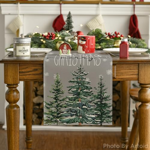 Beige Pine Tree Snowflake Christmas Table Runner, Winter Holiday Kitchen Dining Table Decor, 13 x 72 Inch Z426