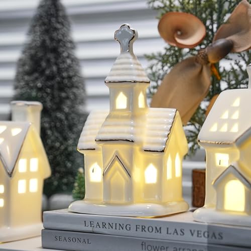 Ceramic Christmas Village Houses with LED Lights, 3 Pieces with Trees Y512