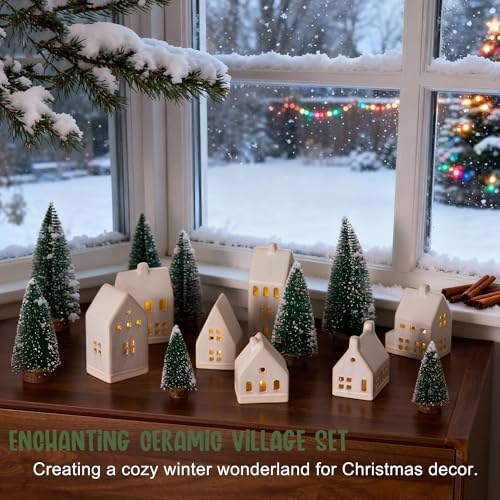 23 Pcs Christmas Village Set with Ceramic Houses, LED Lights and Snow Trees I715