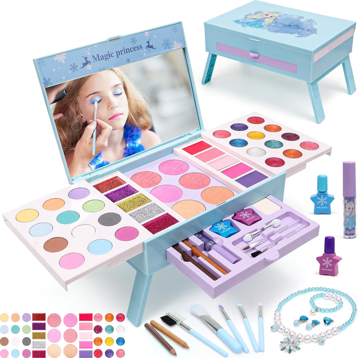 Golray Frozen Makeup Sets for Girls Kids Toys Age 5 6 7 8 9 10, 60pcs Princess Makeup Vanity Kit with Pretend Play Cosmetics, Nail Polish & Jewelry, Christmas Birthday Frozen Gift Girls 5-12 Year Old