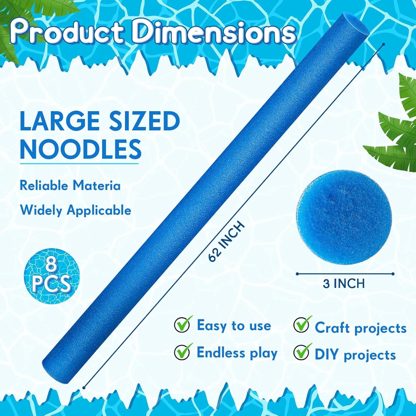 Jumbo Swimming Pool Noodle Foam 55 Inch x 3.5 Inch for Summer Adults Kids Floating Water Craft Projects, Blue E2062