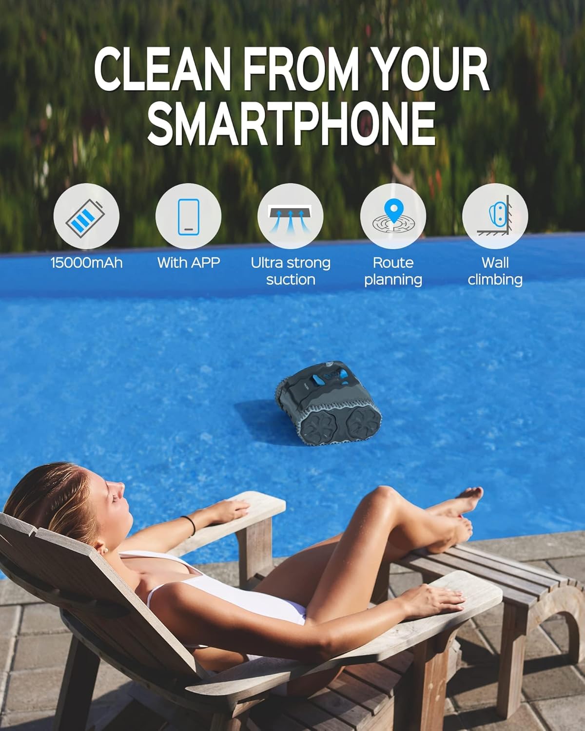 Wall Climbing Robotic Pool Cleaner with APP, Smart Navigation, 15000mAh Battery M32705