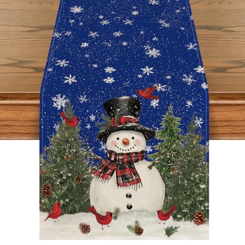 Snowman Christmas Birds Trees Table Runner, Winter Holiday Kitchen Dining Table Decoration, 13 x 72 Inch Z2031