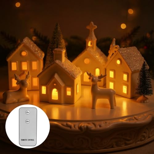 Christmas Village Set with 4 Lighted Ceramic Houses, 2 Trees, 2 Deer & Santa U967