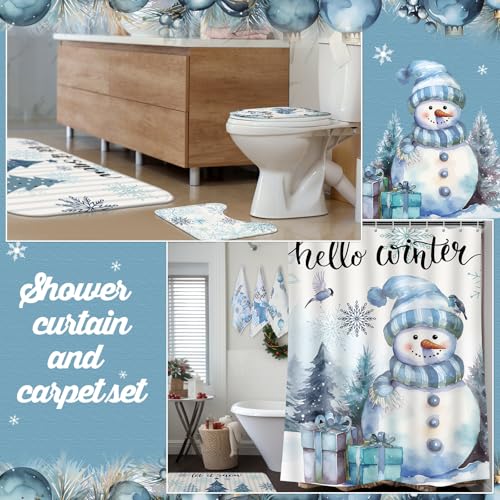 7 Pcs Christmas Shower Curtain Set with Non Slip Rugs, Toilet Cover and Towels U40957