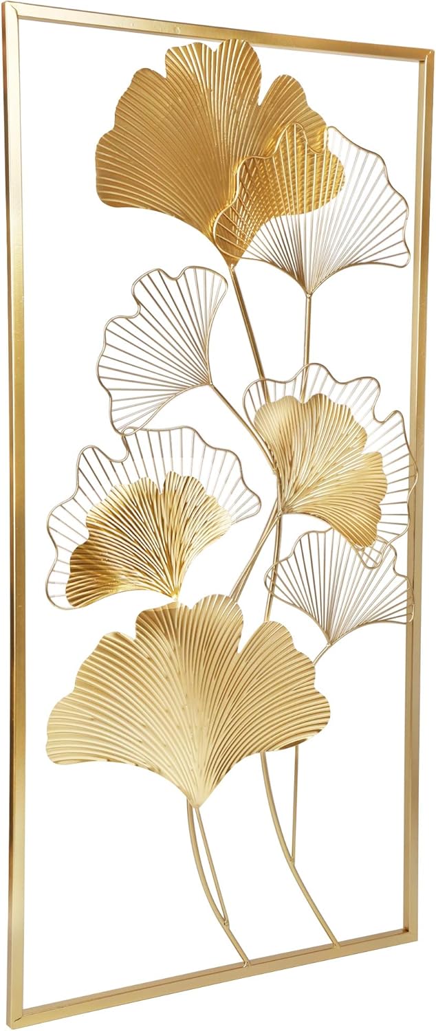 Metal Wall Decor, 39" x 20" Golden Ginkgo Leaf Wall Hanging with Frame K574798