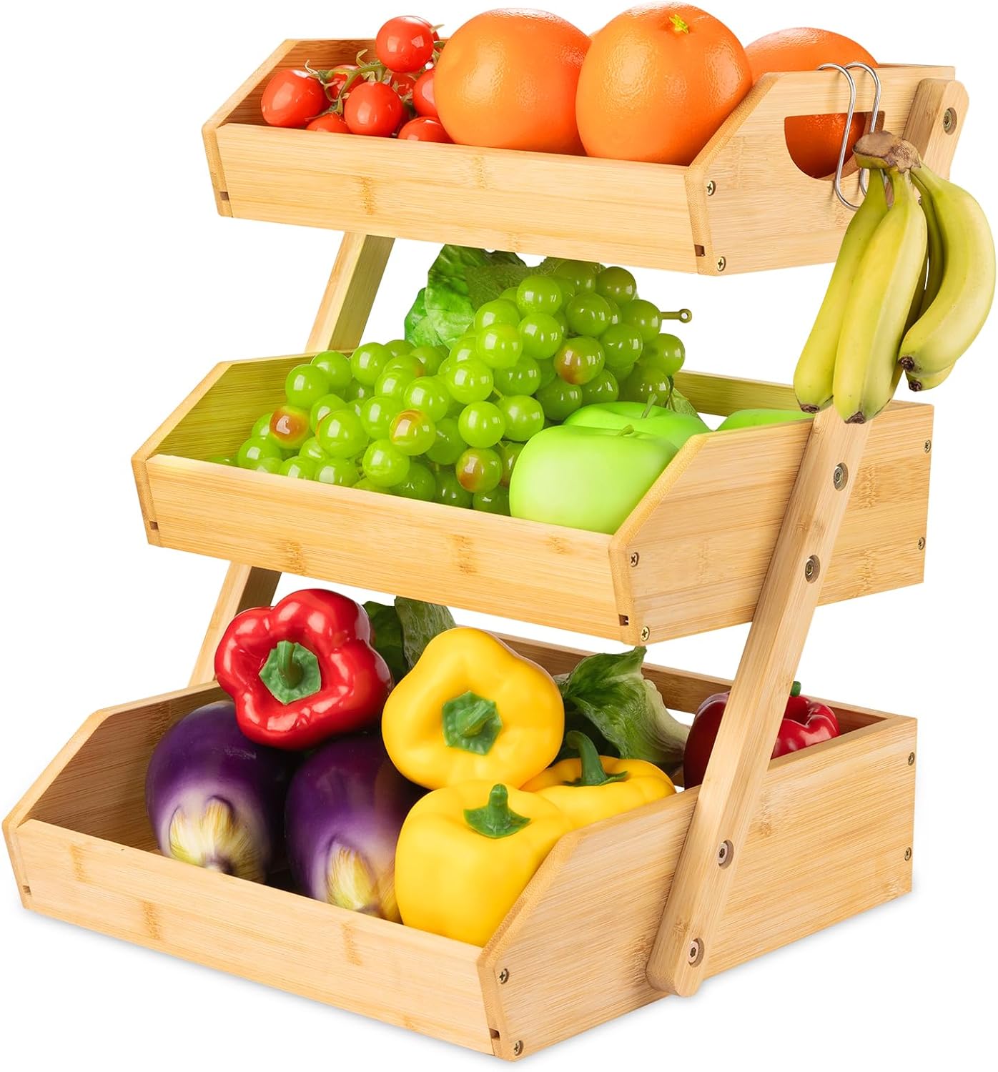 Large 3 Tier Fruit Basket,Bamboo Fruit Organizer,Kitchen Fruit Basket,Fruit Bowl,Fruit Basket with Banana Hook and Grab Handl,Vegetables,Bread & Snacks Countertop Organizer