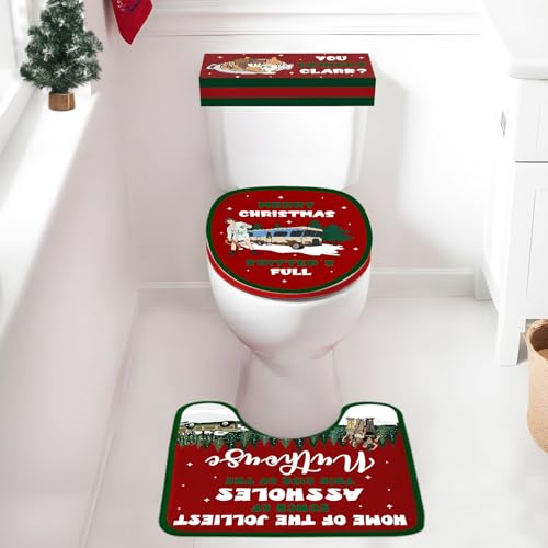 Christmas Vacation Bathroom Decorations, Set of 4 Holiday Toilet Seat Cover Sets with Rug and Tank Cover E112979