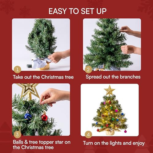 24" Mini Christmas Tree Tabletop Set with LED Lights and Ornaments V8406