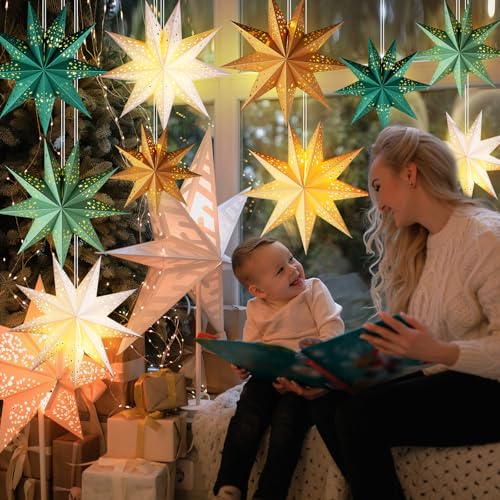 12 Pcs Christmas Paper Star Lantern 9 Point Hanging Ornament with String Light H44991