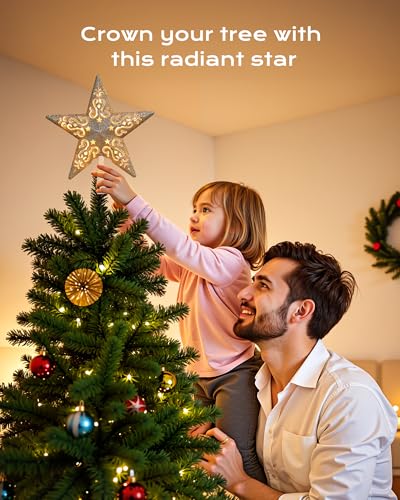 Christmas Star Tree Topper Lighted 3D Gold Pentagram Plug In Indoor Holiday Decor B983