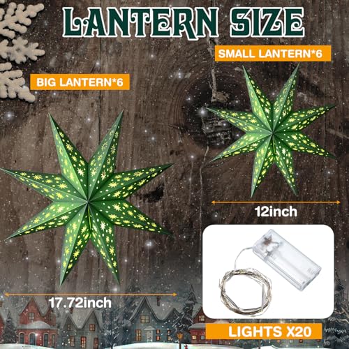 12 Pcs Christmas Paper Star Lantern 9 Point Hanging Ornament with String Light H44991