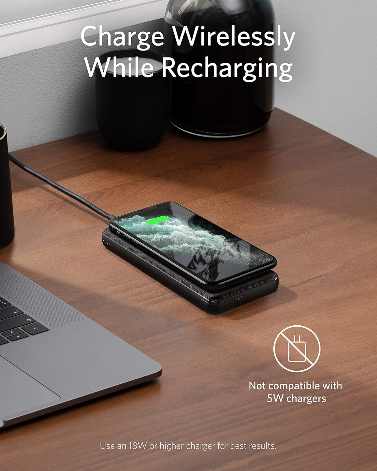10,000 mAh Wireless Portable Charger with 10W Qi-Certified Charging and 18W USB-C Quick Charge O4441