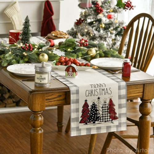 Buffalo Plaid Christmas Trees Table Runner, Winter Holiday Kitchen Dining Decor, 13 x 108 Inch A940
