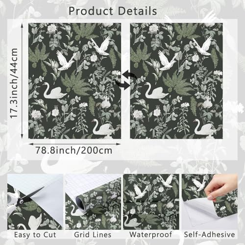 Peel and Stick Wallpaper Dark Green Vintage Floral Self Adhesive Removable B956