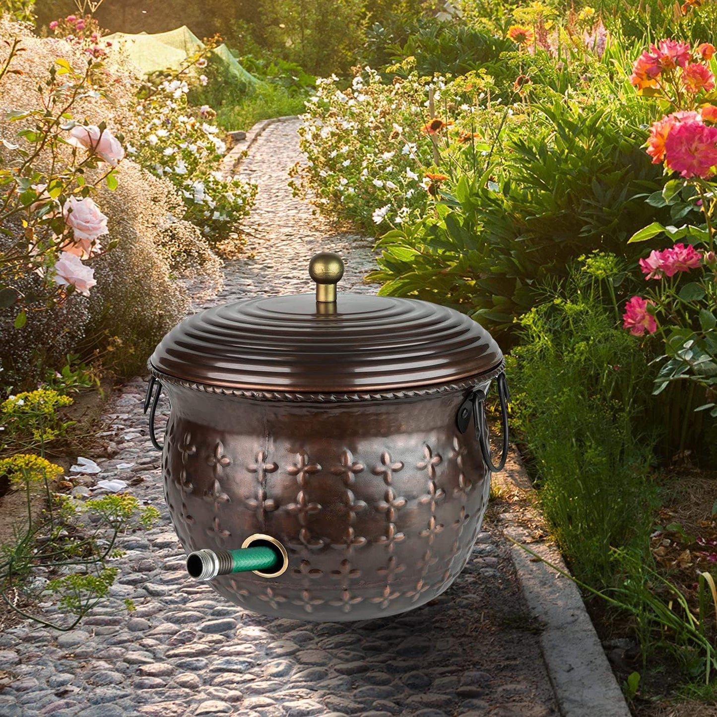 Garden Hose Storage Holder Pot with Lid Antique Green Finish Z81736
