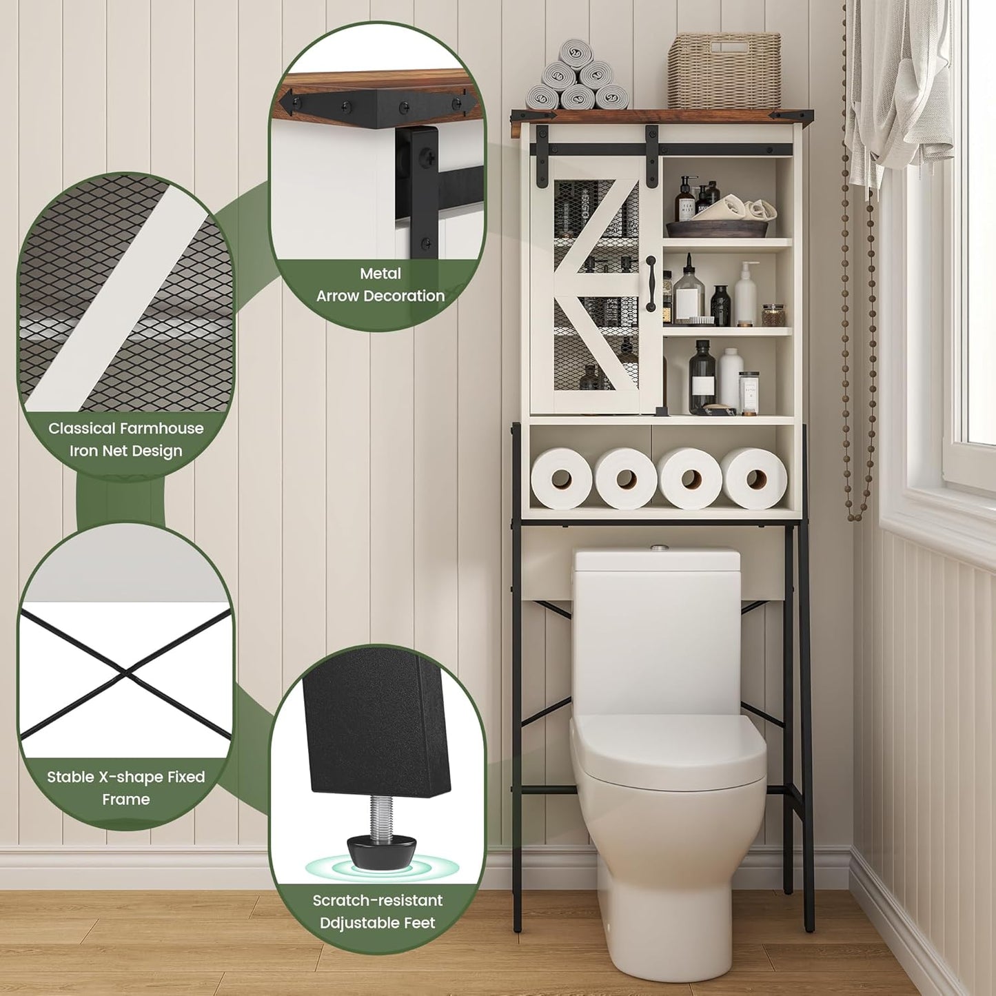 Over The Toilet Storage Cabinet with Adjustable Shelves and Barn Door T63503