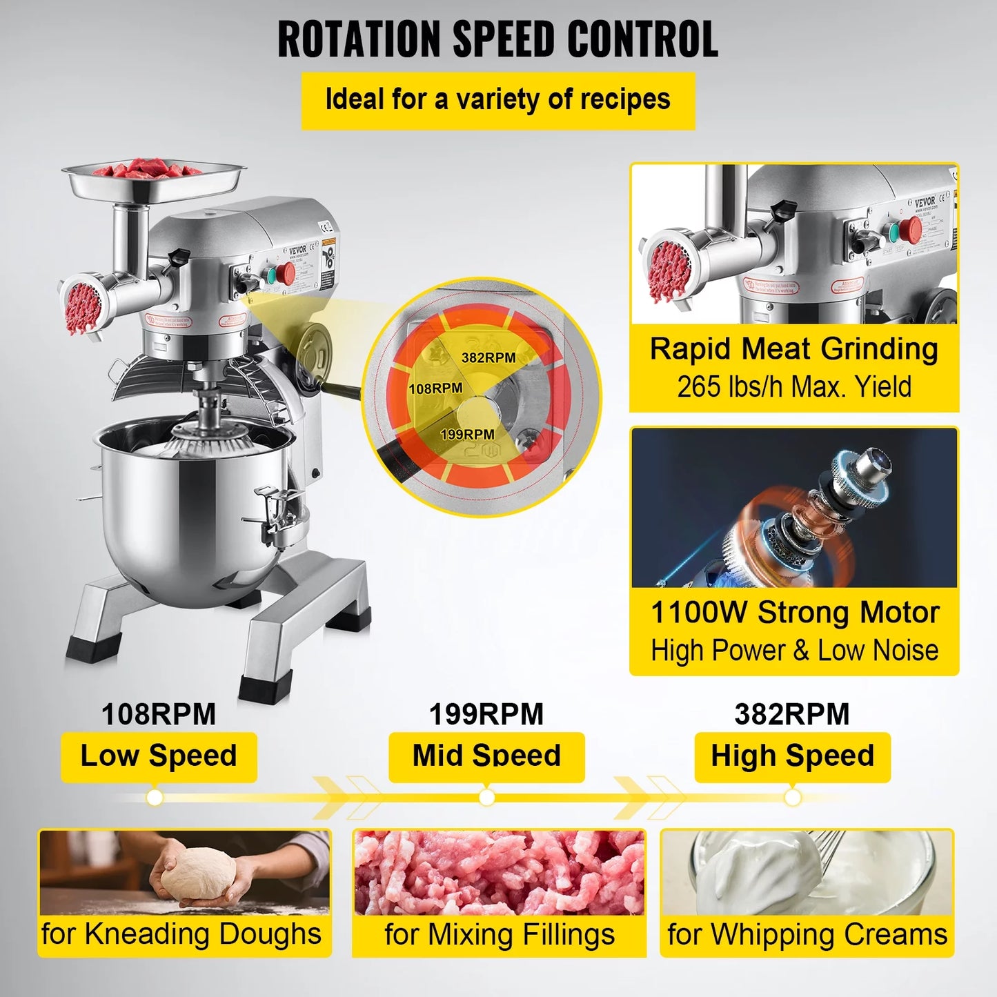 Commercial Stand Mixer, 20Qt Stainless Steel Bowl, 1100W, with Meat Grinder I5360