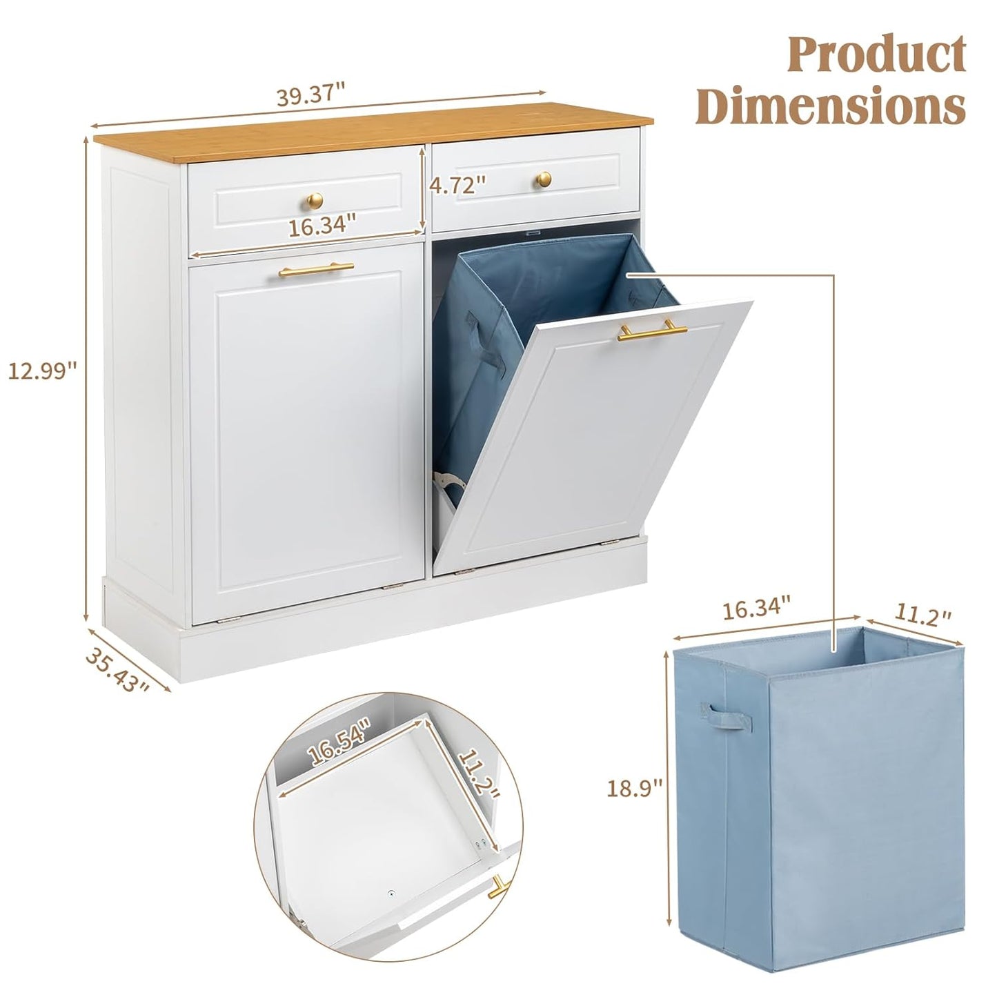 Tilt Out Trash Cabinet with Drawer and Laundry Hamper - White V614