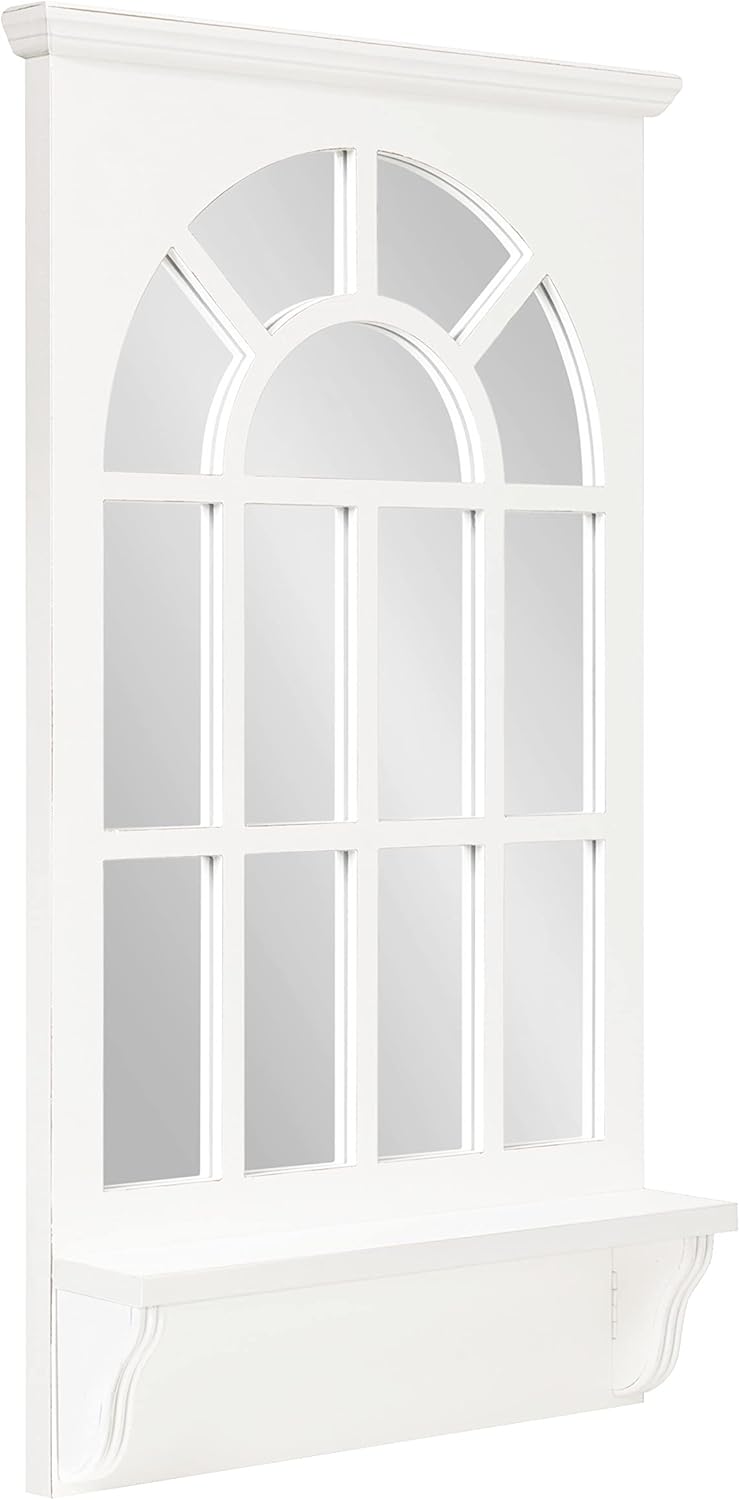 Kate and Laurel Wallhaus Traditional Arched Mirror with Shelf, 21 x 36, White, Coastal Decorative Wooden Window Mirror with Display Shelf for Use as Entryway Mirror Decor