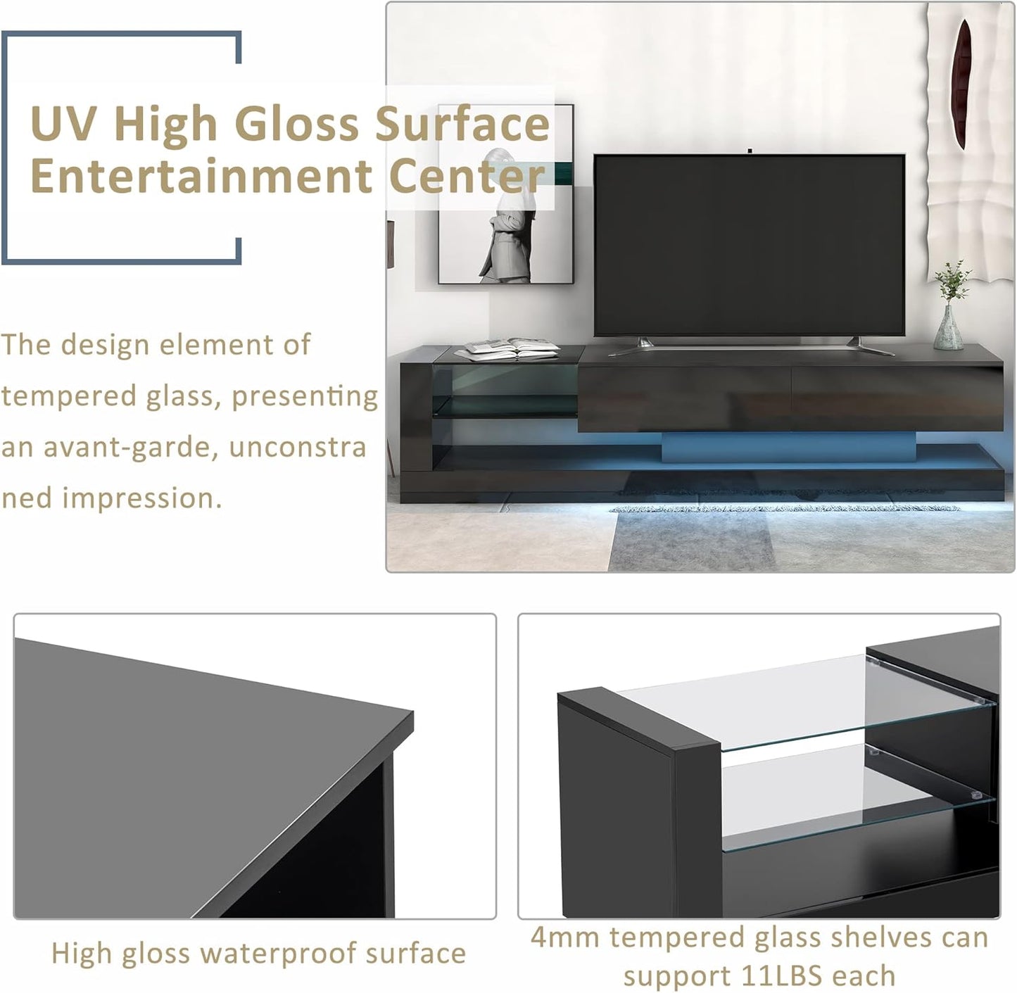 High Gloss TV Stand with LED Lights and 2 Media Storage Cabinets for 75 Inch TV, Black D626049