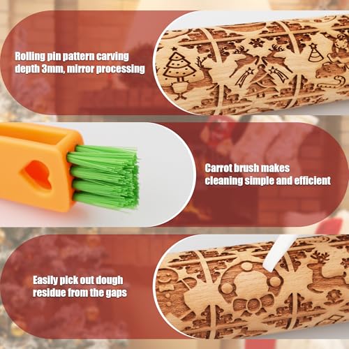 Wooden Rolling Pin for Baking with Christmas Embossed Designs, Includes Cleaning Brush O863