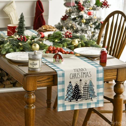 Buffalo Plaid Christmas Trees Table Runner, Winter Holiday Kitchen Dining Decor, 13 x 108 Inch A940