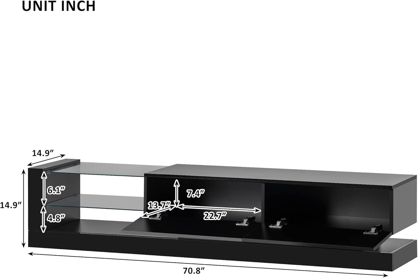 High Gloss TV Stand with LED Lights and 2 Media Storage Cabinets for 75 Inch TV, Black D626049